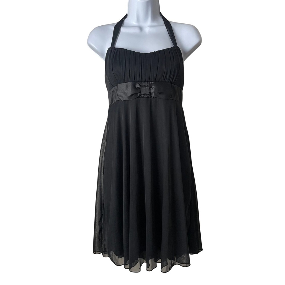 Vintage Y2K Halter Chiffon Ruched Satin Bow Mini Dress Ruby Rox Womens Black XL